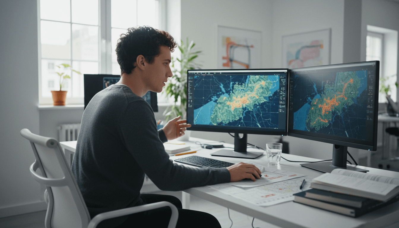 Professional analyzing detailed maps on computer screens in a modern workspace