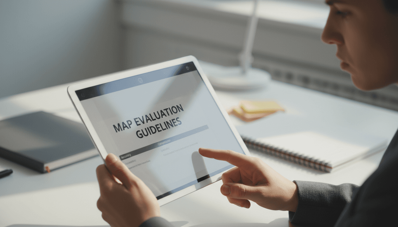 Professional reviewing map evaluation guidelines on tablet with focused concentration