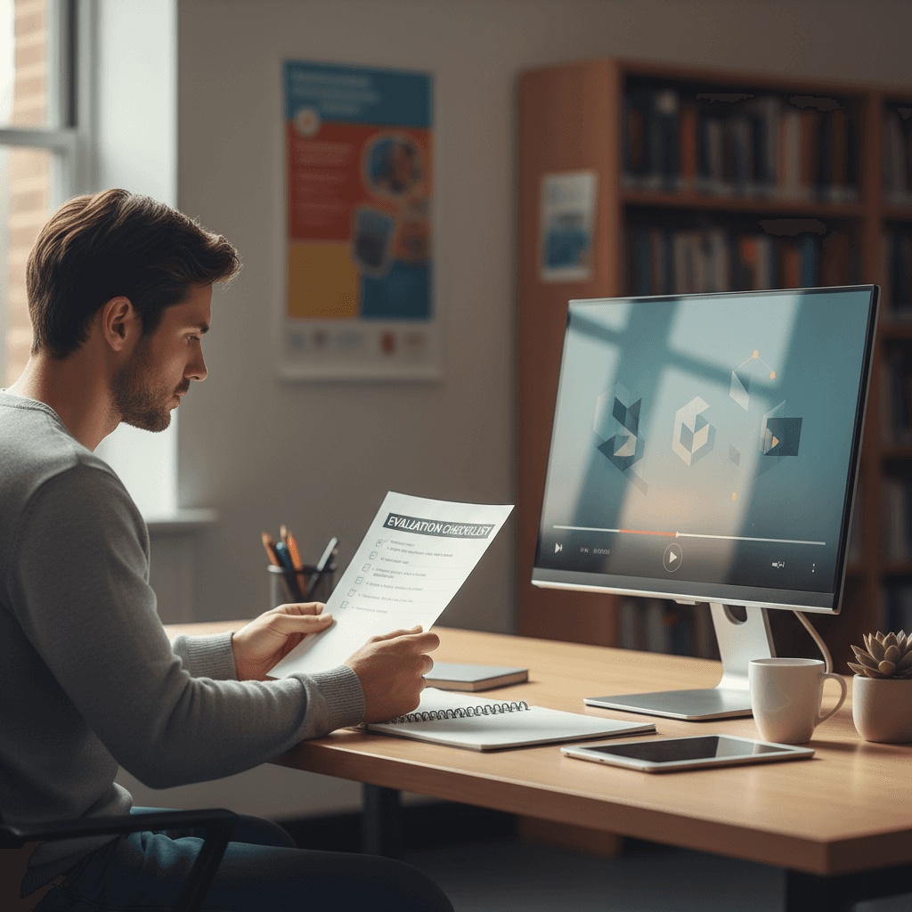 Learner checking evaluation checklist during video training