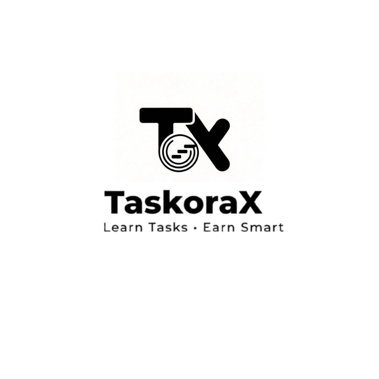 TaskoraX logo featuring a stylized TX icon and the tagline Learn Tasks Earn Smart.