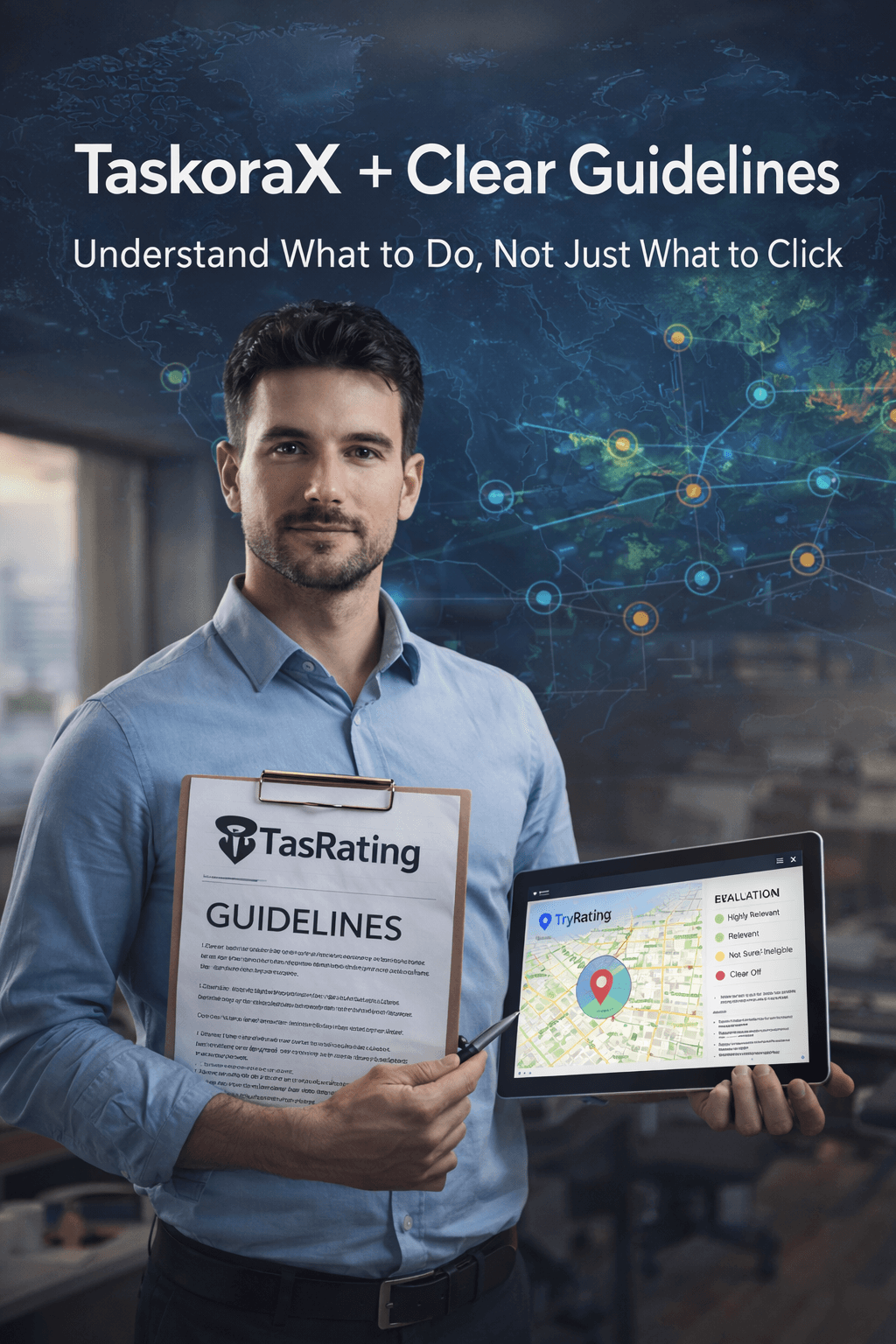 Man holding a clipboard with guidelines and a tablet showing a map evaluation interface.