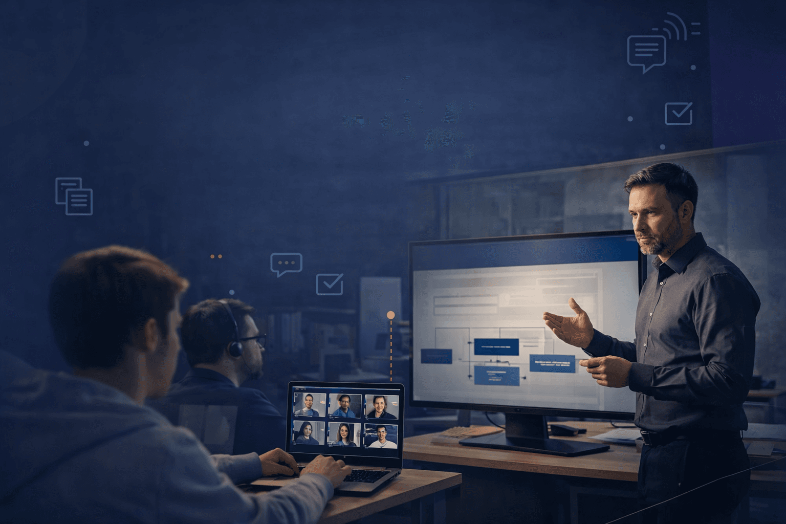 Man presenting a flowchart to in-person colleagues and remote participants via a laptop video call.