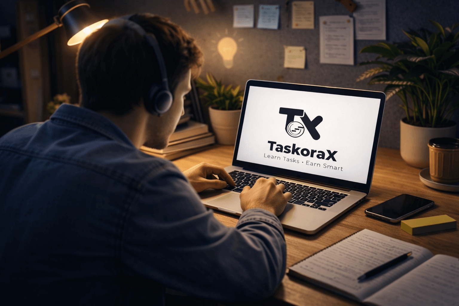 Man wearing headphones typing on a laptop displaying the TaskoraX logo at a study desk.
