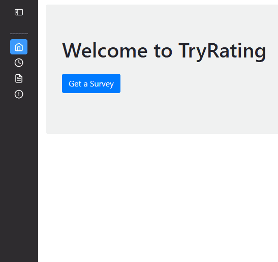 TryRating welcome screen with a blue 'Get a Survey' button and dark sidebar icons.