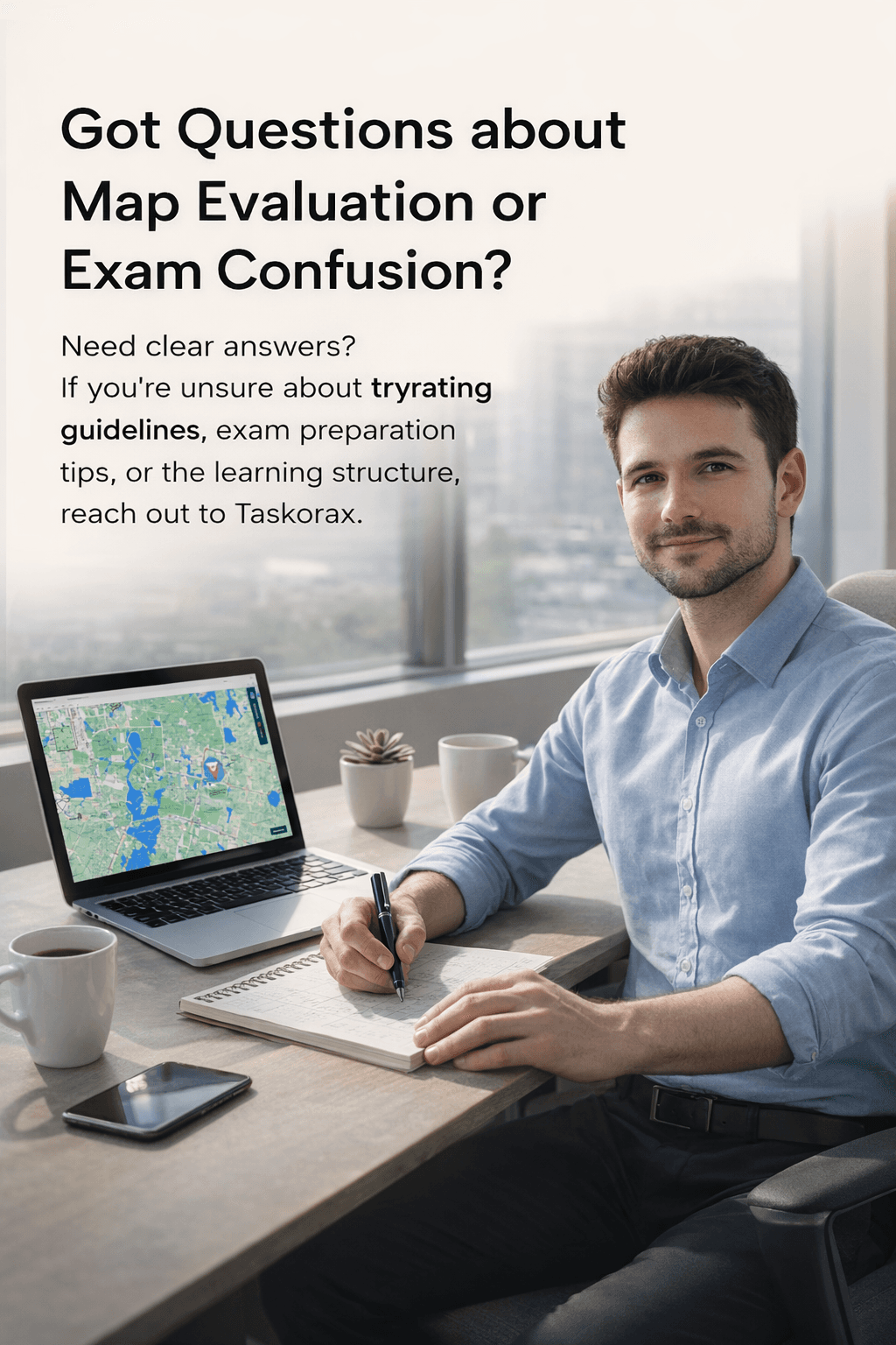 Man writing at desk with map on laptop, text offering Taskorax map evaluation help.