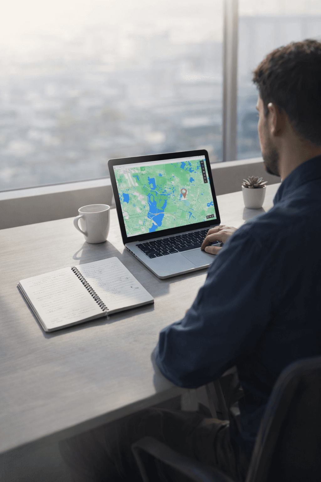 Man at a desk viewing a map with a red pin on his laptop screen.