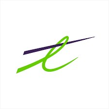 Minimalist logo with a bright green cursive letter intersected by a dark purple horizontal line.